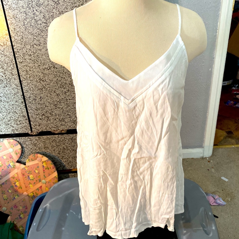 Love Cameron Women L Off White spaghetti strap V Tank Top Loose Casual Shirt